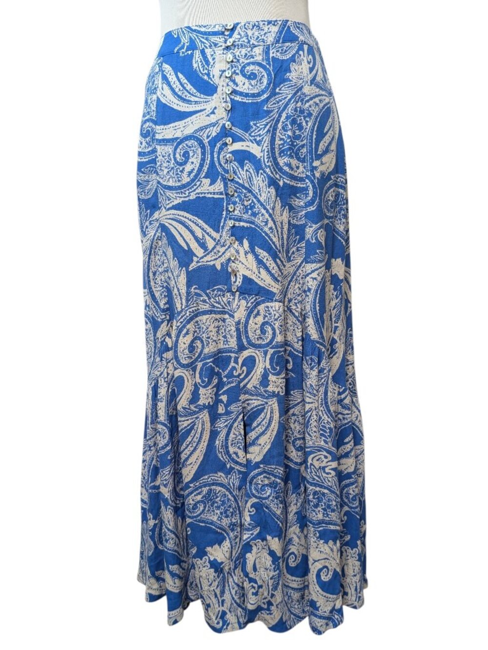 Free People Womens Size 6 Smooth Sail Blue White Paisley Print Ruffle Maxi Skirt